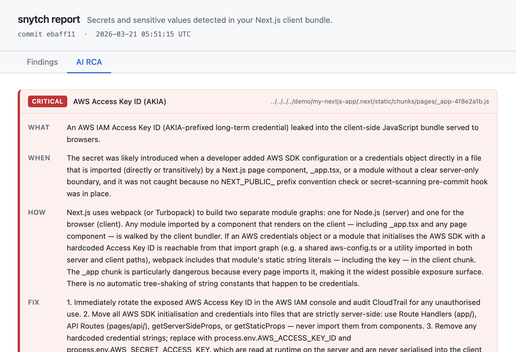 Snytch AI root cause analysis report